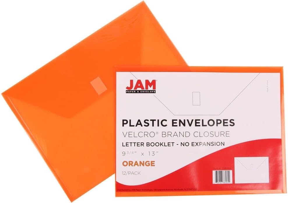 JAM PAPER Plastic Envelopes with Hook & Loop Closure - Letter Booklet - 9 3/4 x 13 - Orange - 3/Pack