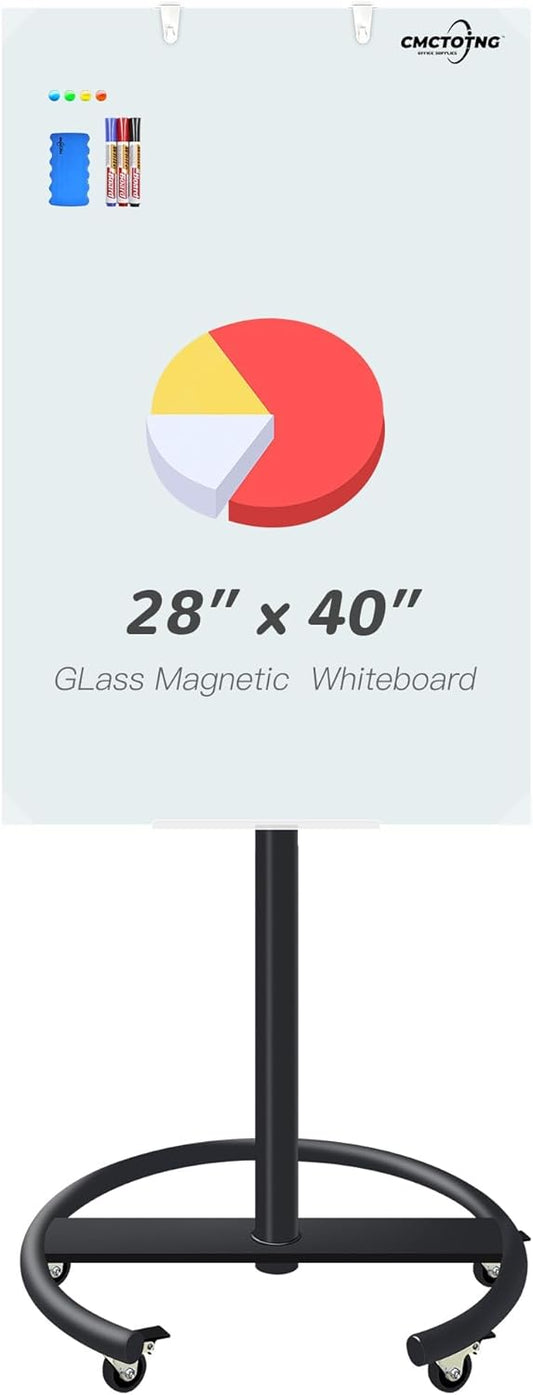 Rolling Magnetic Tempered Glass Whiteboard Frameless Dry Erase Board Wall Mounted Ideal for Office Classroom and Home Use Durable Whiteboard Glass Surface (28'' X 40'')