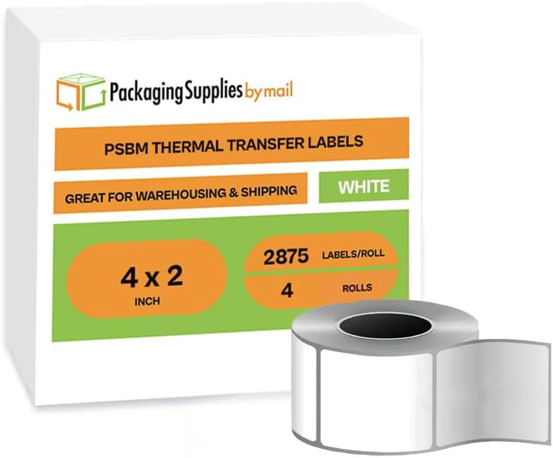 PSBM Thermal Transfer Labels, 4x2 Inch, 4 Rolls, 2875 Labels/Roll, 3 Inch Core, Perforated, Must Have Thermal Ribbon (Not Included)