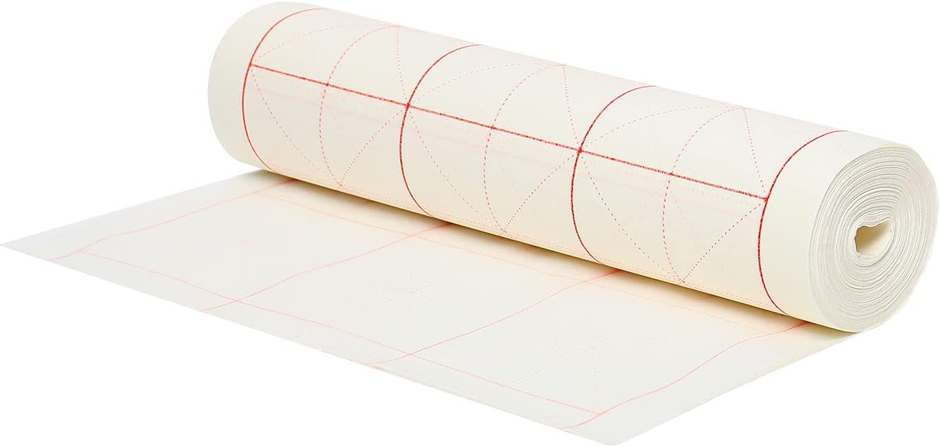 MEGREZ Chinese Calligraphy Brush Writing Sumi Paper, Xuan Paper Roll Rice Paper with Grids for Students and Beginners Practice Chinese Japanese Calligraphy 7.5 cm/Grid, 13.7" x 1968.5"/Roll, White
