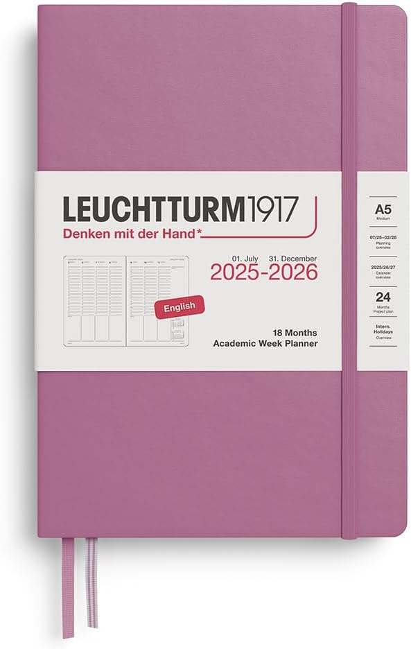LEUCHTTURM1917 - Academic Week Planner Hardcover Medium (A5), 18-month, Jul. 2025 - Dec. 2026, English, Dusty Rose