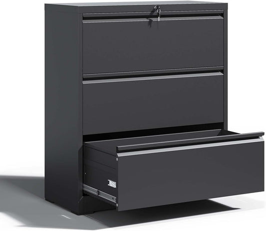 Locking Filing Cabinet with 3 Drawer Heavy Duty Large Metal File Cabinet Home Office Black Lateral File Cabinets Wide Steel Cabinet for Legal/Letter Size File,Assembly Required