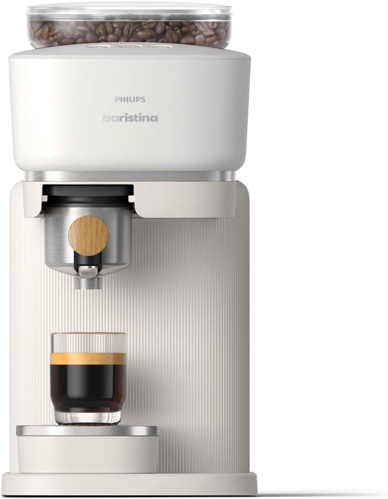 Philips Baristina Espresso Machine, Grind, Tamp & Brew Coffee Beans in One Swipe, Compact, 16 Bar Pump Pressure, Automatic Grinder, Natural White with Ash Wood Portafilter (BAR302/20)
