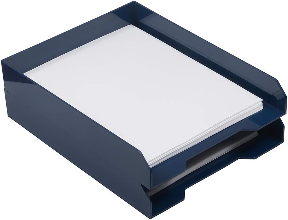 JAM PAPER Stackable Paper Trays - Navy Blue - Desktop Document, Letter, & File Organizer Tray - 2/Pack