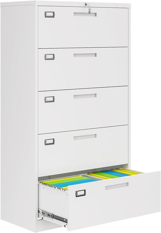 5 Drawer File Cabinets for Home Office, Metal Filing Cabinet with Lock, White Locking File Caninet Five Drawer, Office Storage Caninets Steel Cabnet for Letter/Legal/A4/F4-Assembly Required