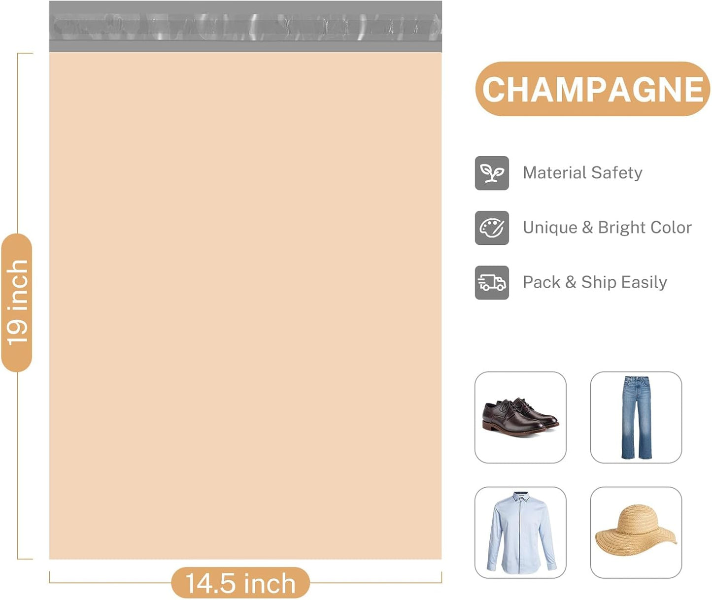 Metronic Poly Mailers 14.5x19 100 Pcs | Medium Size Shipping Bags for Clothes | Large Poly Mailer Bags, Shipping Envelopes, Mailing Bags for Small Business, Strong Adhensive Poly Bags Champagne