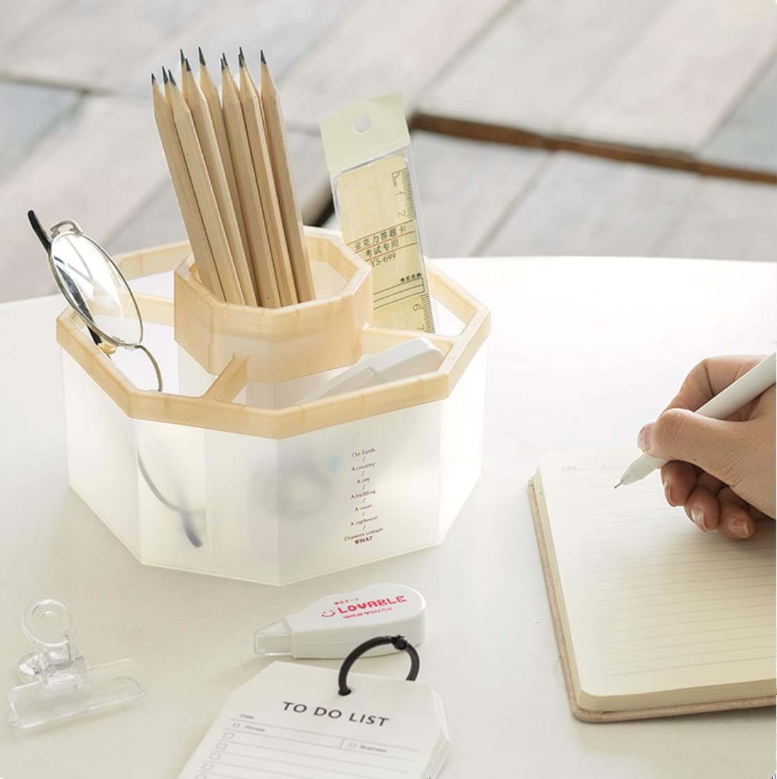 Desk Organizer, 360-Degree Rotating Multi-Functional Pen Holder, 5 Compartments Desktop Stationary Organizer, Home Office Art Supply Storage Box Caddy