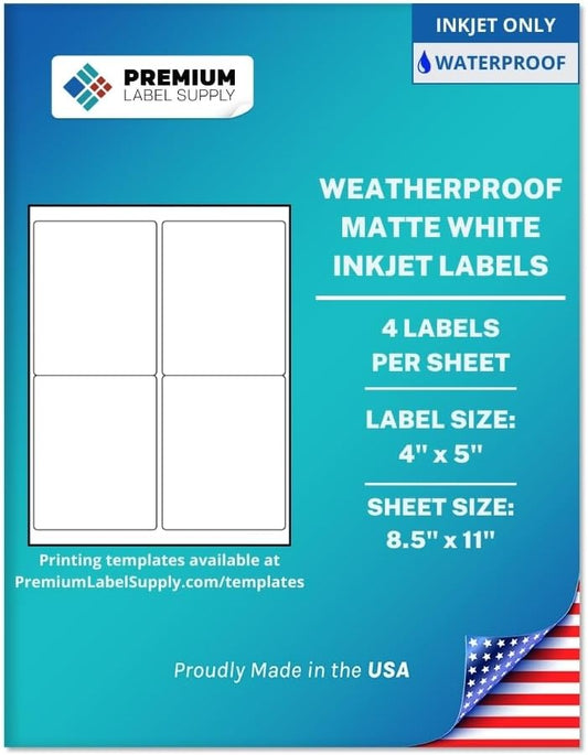 Premium Label Supply Waterproof Matte White Sticker Labels – 4" x 5" – Inkjet Printers Only – (4 per Sheet), 25 Sheets - 100 Total Adhesive Labels