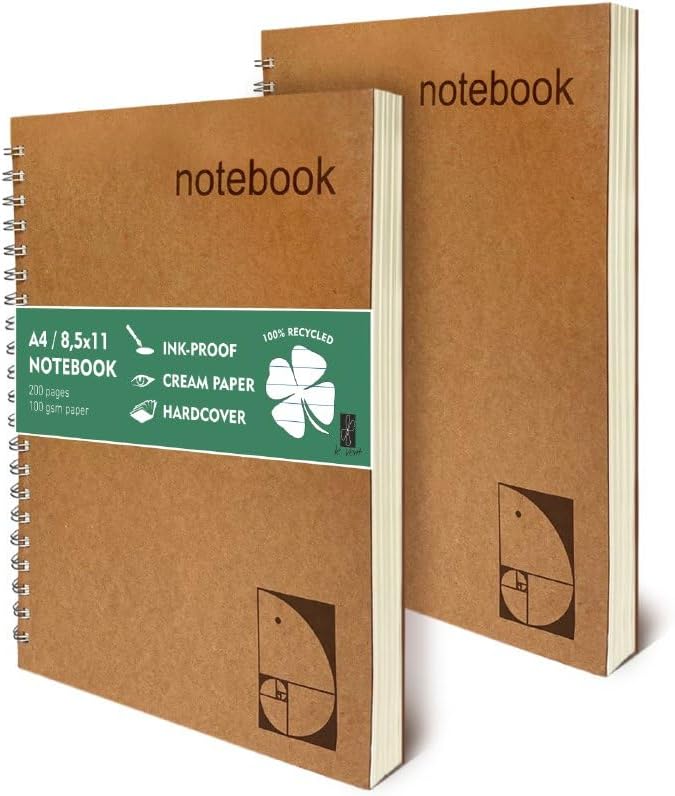 2-Pack A4 Lined Spiral Notebooks - 200+200 Lay Flat Pages - 100gsm Ink Proof Paper - Wirebound Hardcover Executive Notebooks - Daily Writing Journal 8.5"x11"