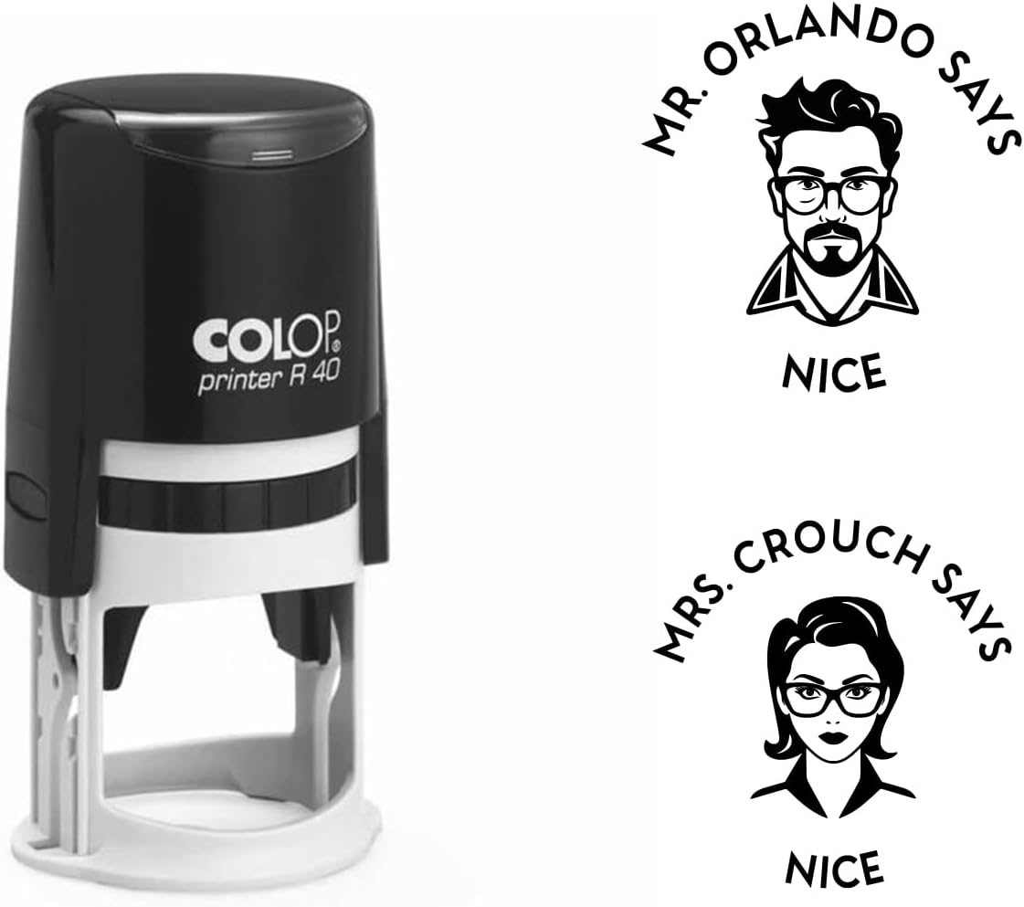 Custom Teacher Face Stamp with Personalized Text - 1-5/8" Diameter, Self-Inking, Classroom Grading, Feedback, Motivational Stamp