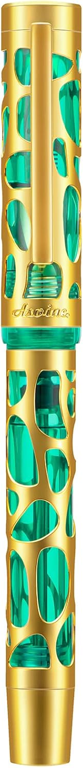 Asvine V169 Vacuum Filling Fountain Pen Iridium Medium Nib, Water Drop Skeleton Gold Trim Transparent Green Acrylic Pen Case Set