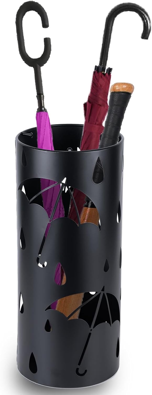 Umbrella Stand Rack for Entryway, Black Round Metal Umbrella Holder, Free Standing Umbrella Organizer Bin with 3 Hooks for Walk Stick, Home Office Indoor, 17 x 7 Inch