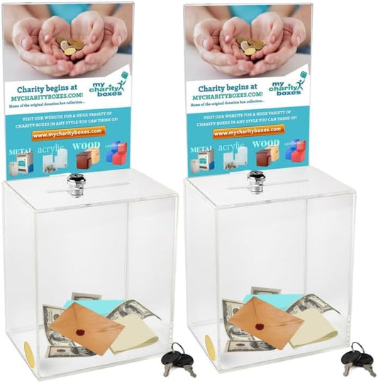 Clear Donation Box for Fundraising with Lock & Display Sign Holder, Raffle Box, Tip Box, Secure Ballot Box and Suggestion Box with slot, Extra large Ticket Box size 16" x 8" x 6" (2 pack)