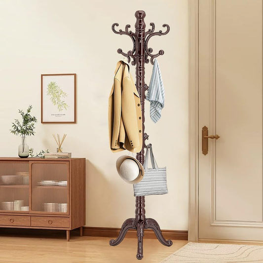 Wooden Coat Rack Stand, Vintage Wood Coat Rack Freestanding with Sturdy Triangle Base, Classic Coat Racks with 14 Hooks, Natural Birch Wood Coat Tree Hanger Stand for Entryway,Office