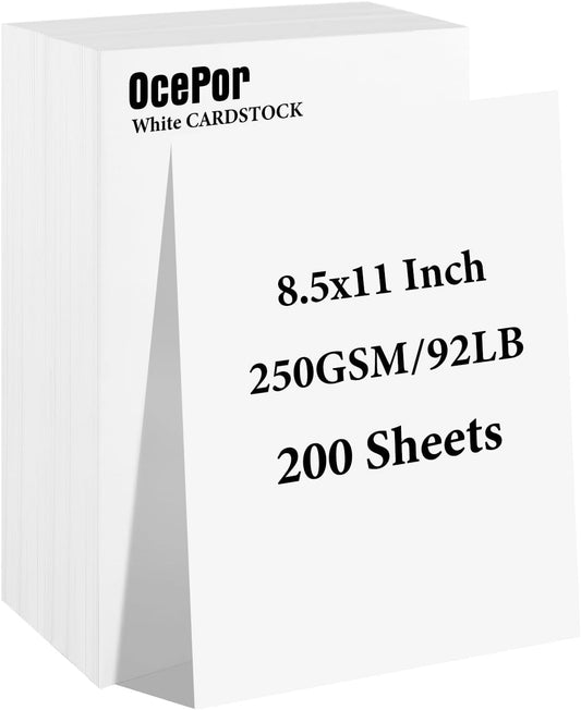 OcePor 200 Sheets White Cardstock 8.5” x 11”, 92lb/250gsm Card Stock, Thick Card Stock Paper, Heavy Cardstock Paper for Printer, Resume, Scrapbooks, Art, Crafts, Business Cards