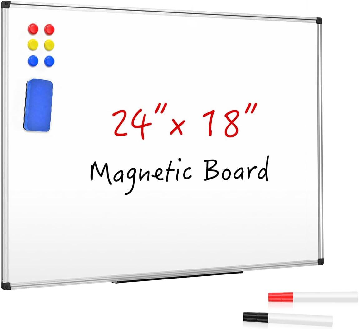 Magnetic Dry Erase Whiteboard 24 x 18 Inch - Small White Board, Silver Aluminum Frame Wall-Mounted, Magnetic Eraser, 2 Pens, Detachable Marker Tray, 6 Magnets for Office, School