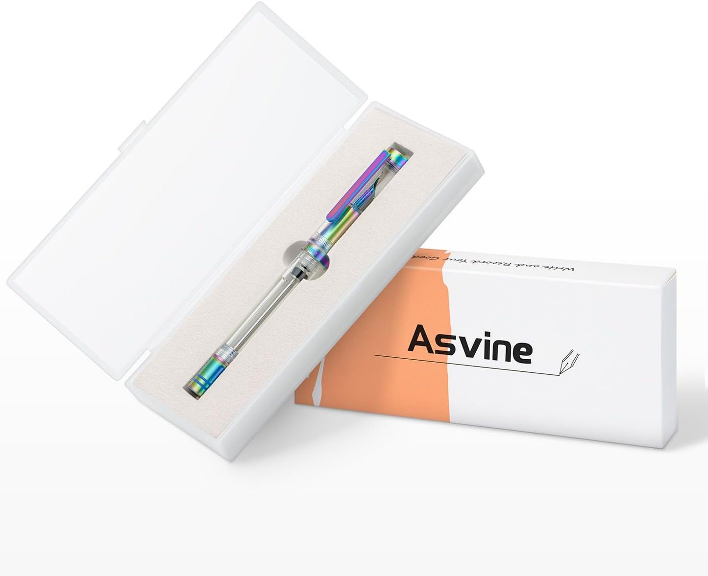 Asvine V200 Titanium Fountain Pen Vacuum Filling, Rainbow Iridium Extra Fine Nib Clear Demonstrator Acrylic with Pen Case and Wrench