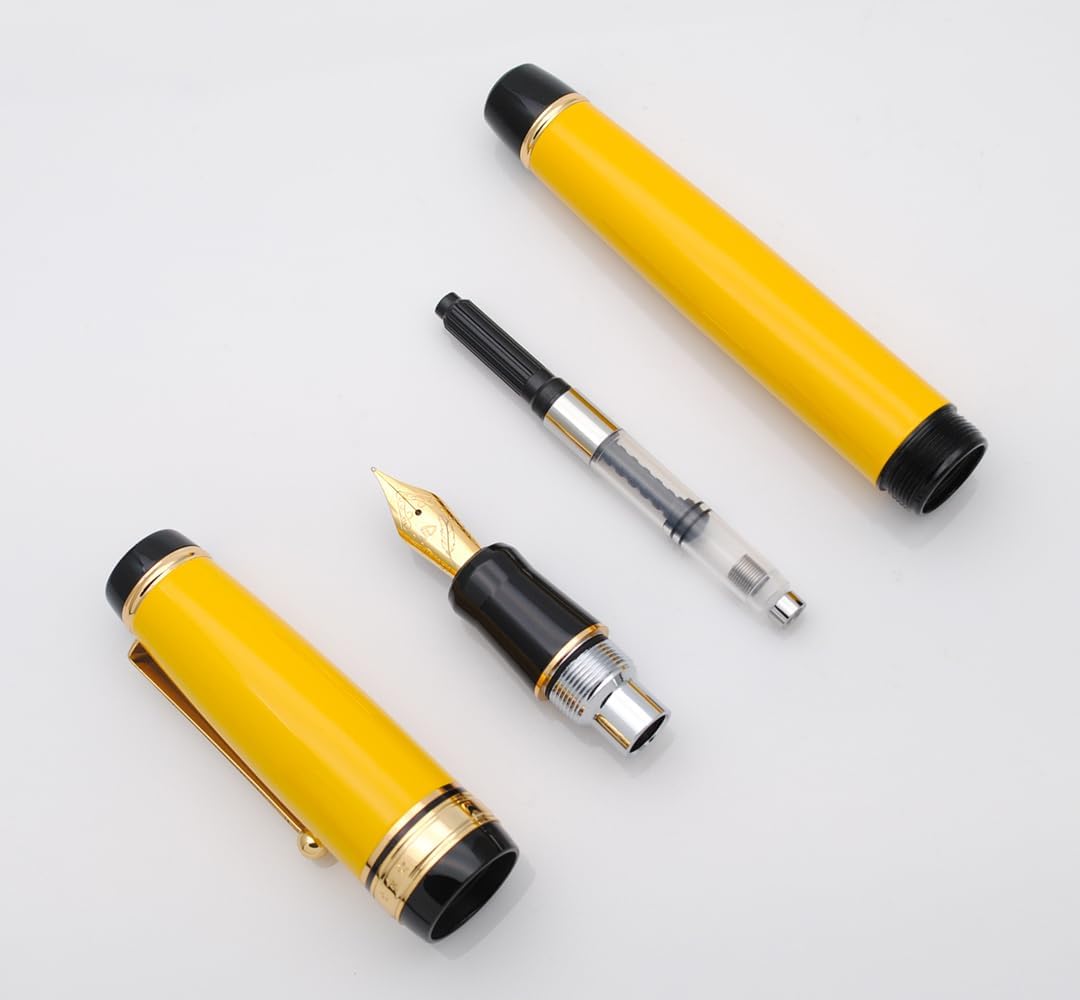 Metal Big Fountain Pen Set Medium Nib 0.7mm, Includes Ink Refill Converter, 5 Ink Cartridges & Gift Box (Medium Nib 0.7mm, Yellow)
