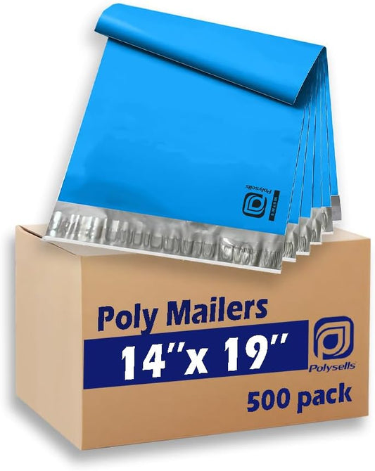 POLYSELLS 500 pcs 14.5x19 Inches Blue Poly Mailers Shipping Envelopes, Strong Adhesive Sealing, Waterproof, and Tear-resistant Postal Mailing Bags for Clothing, Books, and Accessories