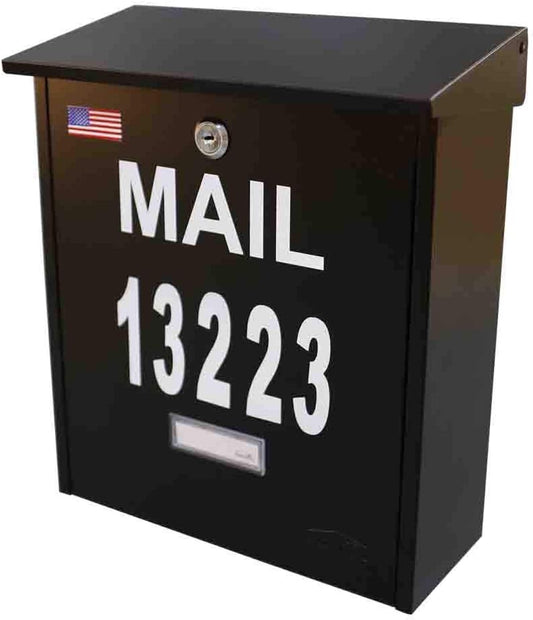 Wall Mount Locking Mailbox - Black Large Capacity Security House Numbers Mailbox - Waterproof Stainless Steel Vertical Drop Mail Box Outdoor with Keys