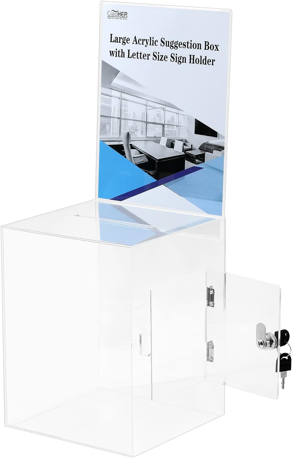 Large Acrylic Suggestion Box with Letter Size 8.5’’x11’’ Sigh Holder, Ballot Donation Box Money Storage Container for Voting, Charity, Ballot, Contest, Suggestions (Clear Acrylic)