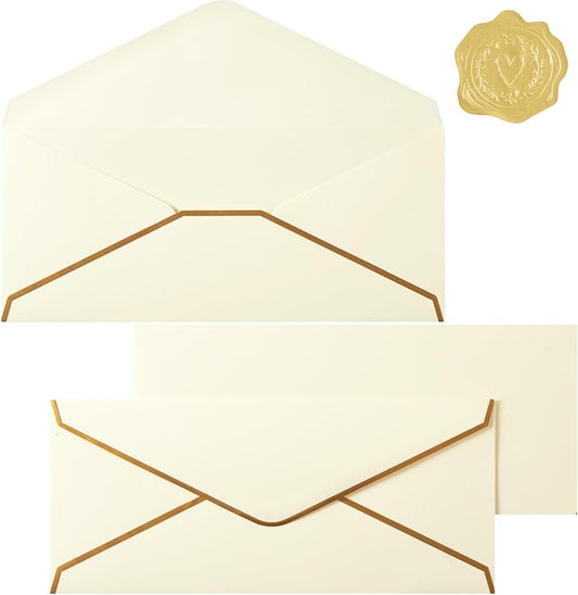 30 Pack Thick #10 Business Envelopes with Gold Border, 4 1/8 x 9 1/2 Thick Paper Standard Envelopes with Stickers for Office, Checks, Letter Mailing, Invoices (Cream Color)