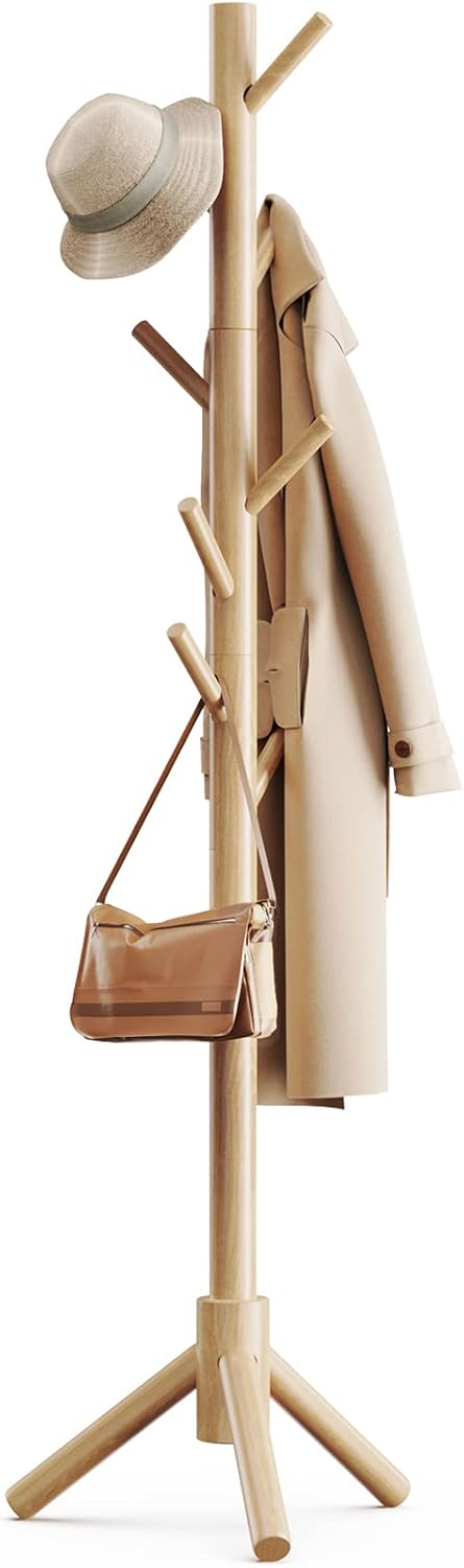 Pipishell Coat Rack Sturdy Wooden Coat Rack Stand, Adjustable Coat Tree, Free Standing Tree Hanger with 4 Sections & 8 Hooks, for Home/Bedroom/Office/Hallway/Entryway