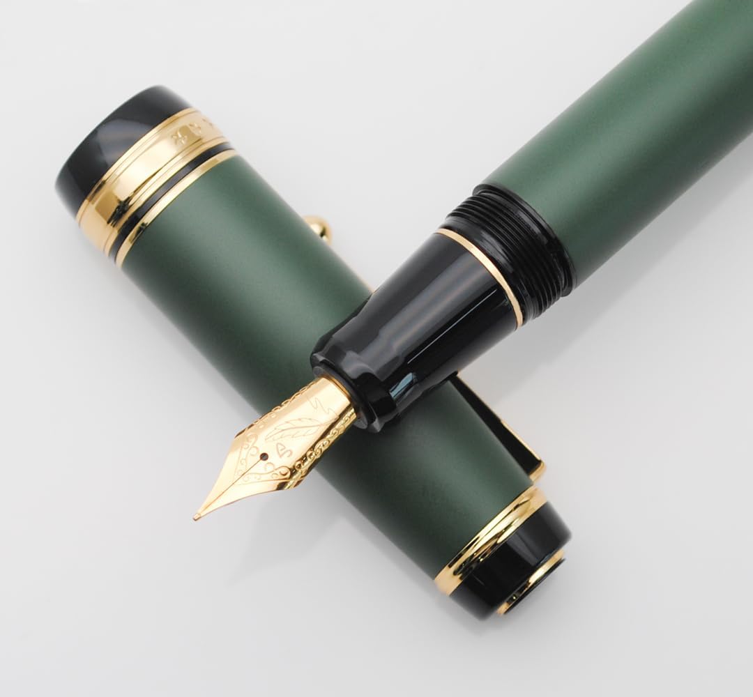 Metal Big Fountain Pen Set Medium Nib 0.7mm, Includes Ink Refill Converter, 5 Ink Cartridges & Gift Box (Medium Nib 0.7mm, Matte Green)