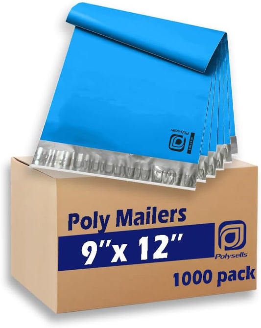 POLYSELLS 1000 pcs 9x12 Inches Blue Poly Mailers Shipping Envelopes, Strong Adhesive Sealing, Waterproof, and Tear-resistant Postal Mailing Bags for Clothing, Books, and Accessories