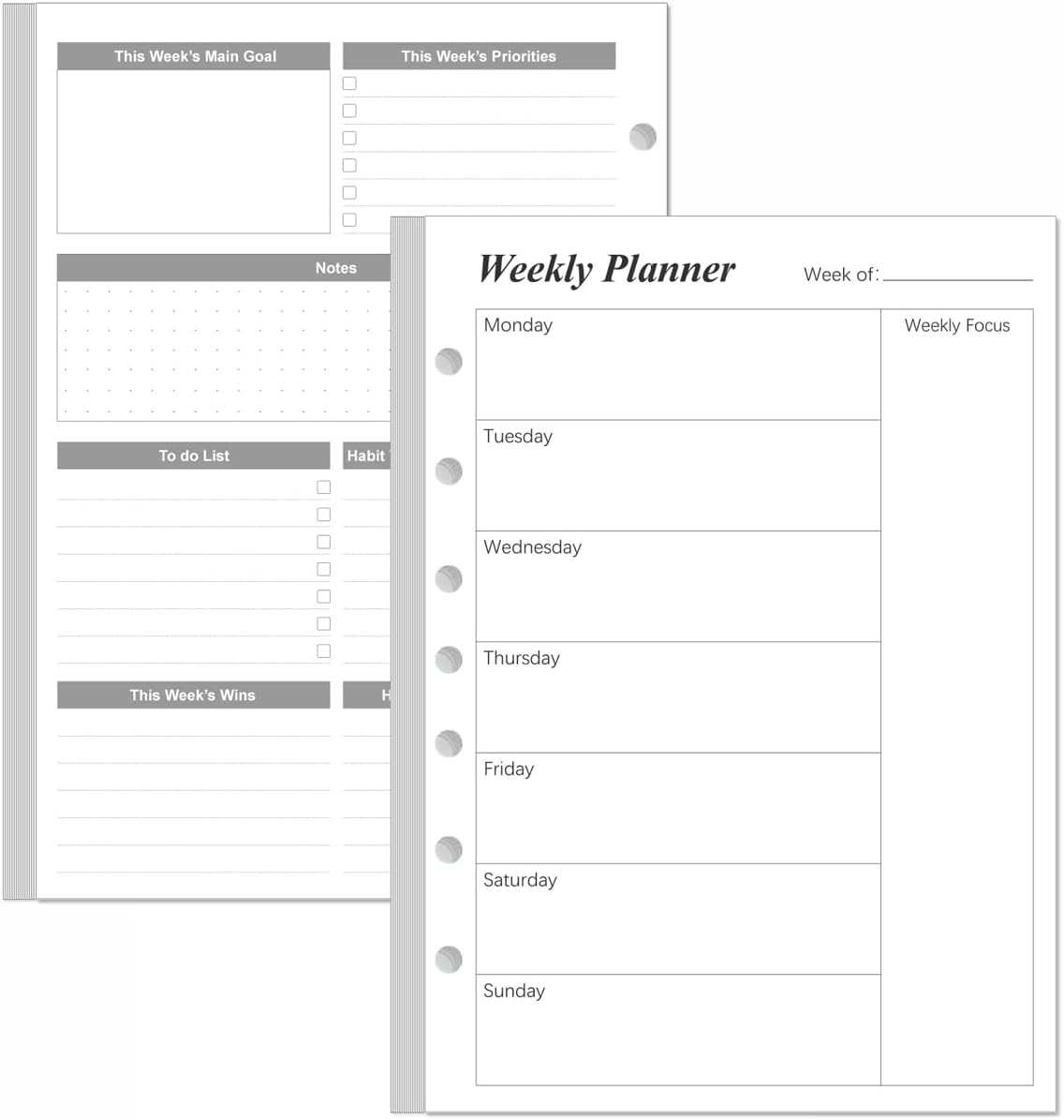 Weekly Planner Refills for 3 or 7 Ring Mini Binders - 53 Sheets/106 Pages Undated Weekly Planner, 100 gsm White Paper, Lasts 1 Year, Undated, 5.8" x 8.3", Black