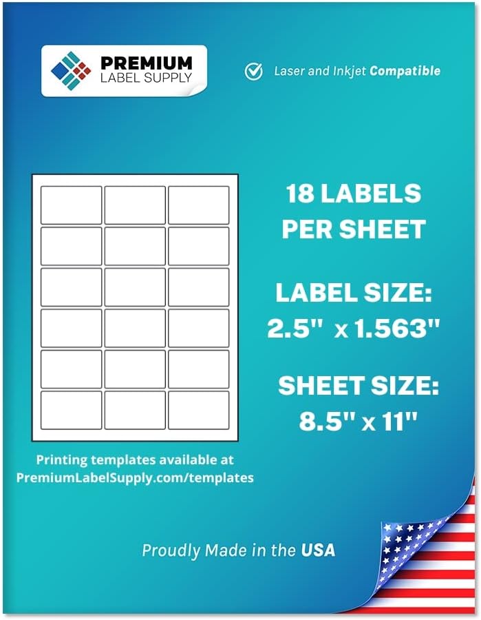 Premium Label Supply White Sticker Rectangle Labels – 2.5" x 1.563" – Laser/Inkjet Compatible – (18 per Sheet), 1000 Sheets – 18,000 Total Adhesive Labels