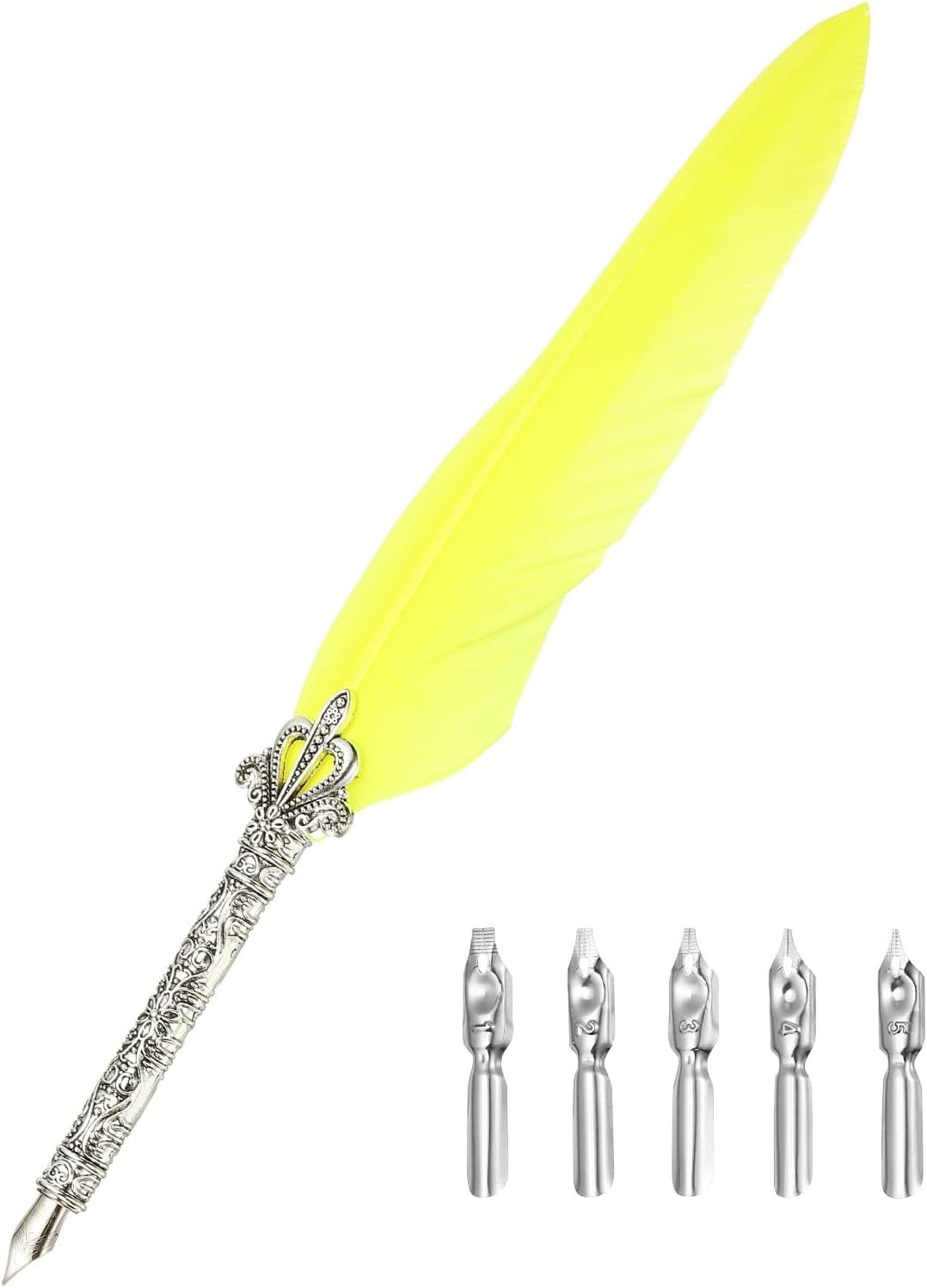 PATIKIL 26.5cm/10.4" Calligraphy Feather Quill Pen, Vintage Feather Dip Pen with 5 Replacement Nibs for Calligraphy Writing Wedding Office Gifts, Yellow