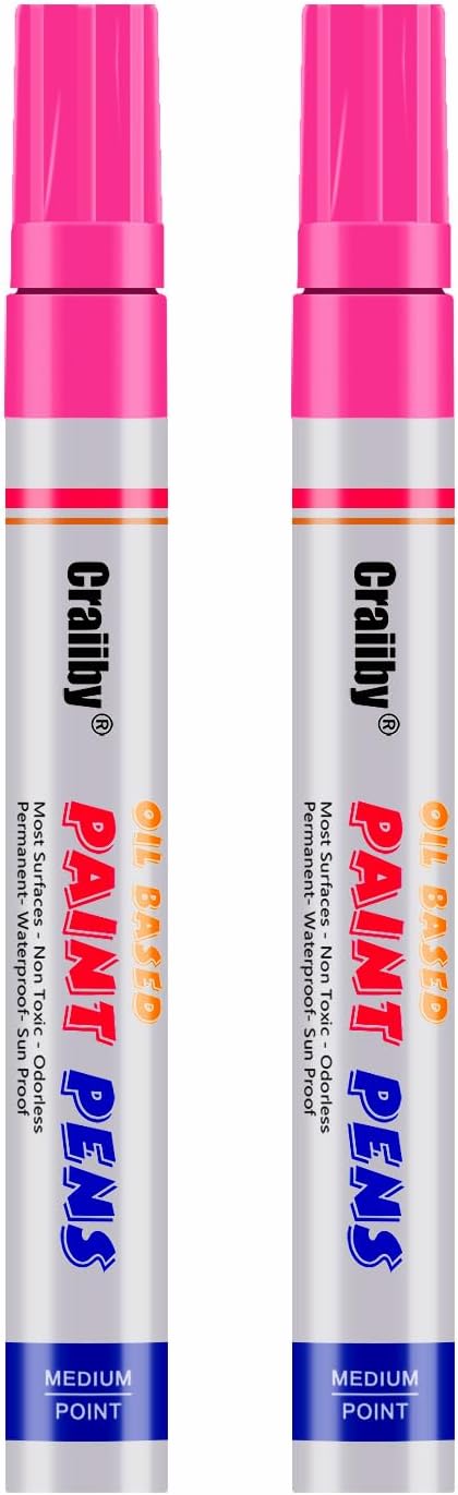 Pink Paint Markers, 2 Pack Oil-Based Waterproof Quick Dry Permanent Paint Pen Set for Rocks Painting, Wood, Fabric, Plastic, Canvas, Glass, Mugs, Metal, Tire, Stone, DIY Craft