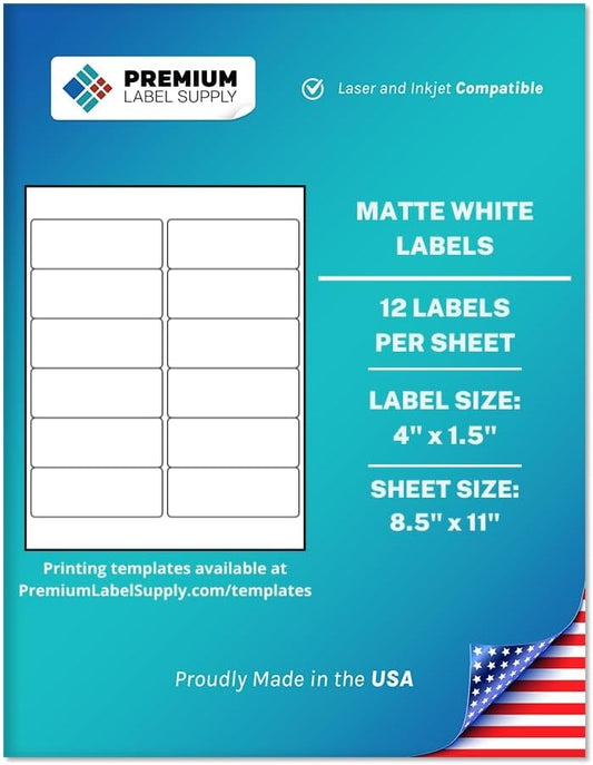 Premium Label Supply White Sticker Address Labels – 4" x 1.5" – Laser/Inkjet Compatible – (12 per Sheet), 2000 Sheets – 24,000 Total Adhesive Labels