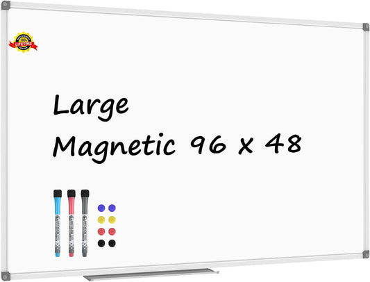Lockways Dry Erase Board 96 x 48 Inch, Large Magnetic 4 x 8 White Board, Aluminium Frame Whiteboard with Marker Tray for Office & School