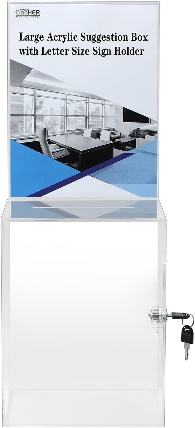 Large Acrylic Suggestion Box with Letter Size 8.5’’x11’’ Sigh Holder, Ballot Donation Box Money Storage Container for Voting, Charity, Ballot, Contest, Suggestions (Clear Acrylic)