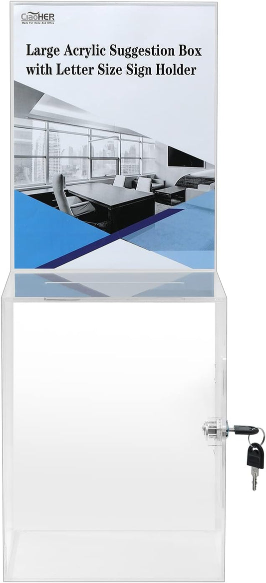 Large Acrylic Suggestion Box with Letter Size 8.5’’x11’’ Sigh Holder, Ballot Donation Box Money Storage Container for Voting, Charity, Ballot, Contest, Suggestions (Clear Acrylic)