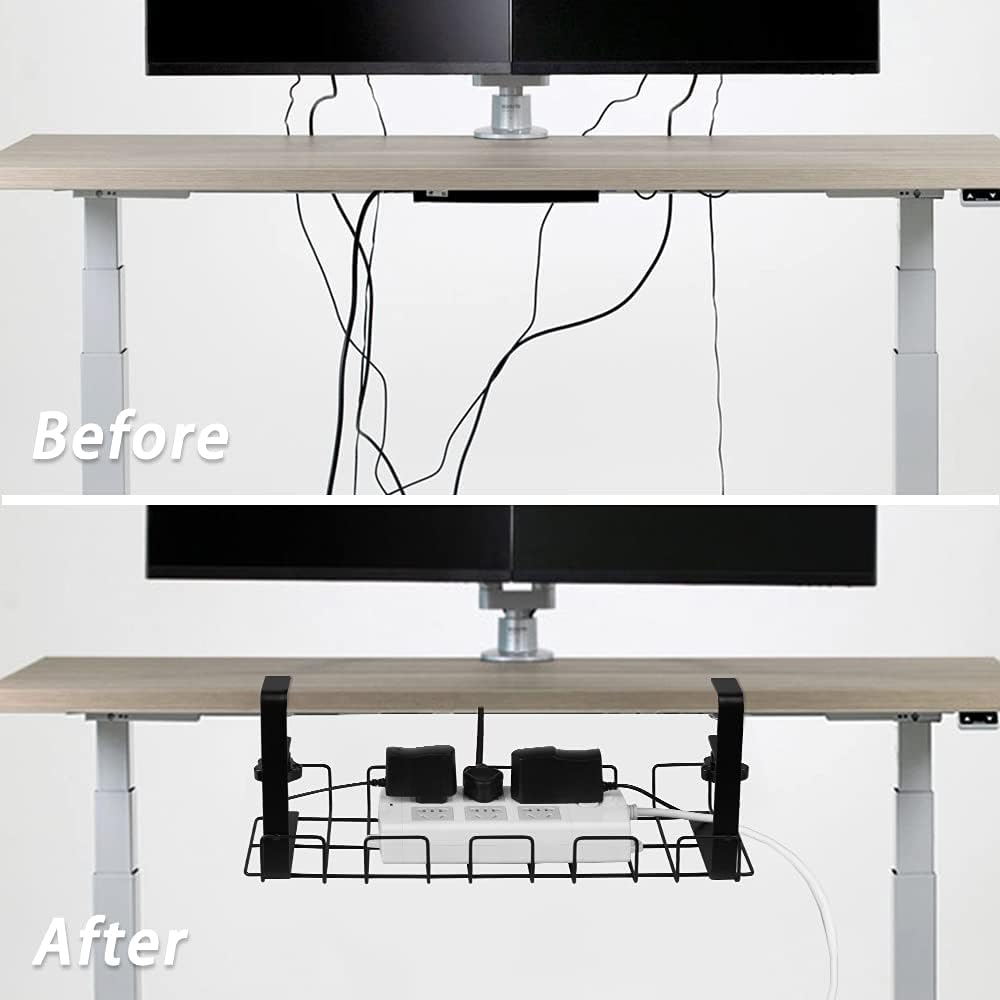 Under Desk Cable Management Trays 2 Pack, 16" Clamp Mounted Cord Organizer Holder Wire Organization No Drill Holes Needed for Computer Home Office Standing Tables to Conceal Power Strips