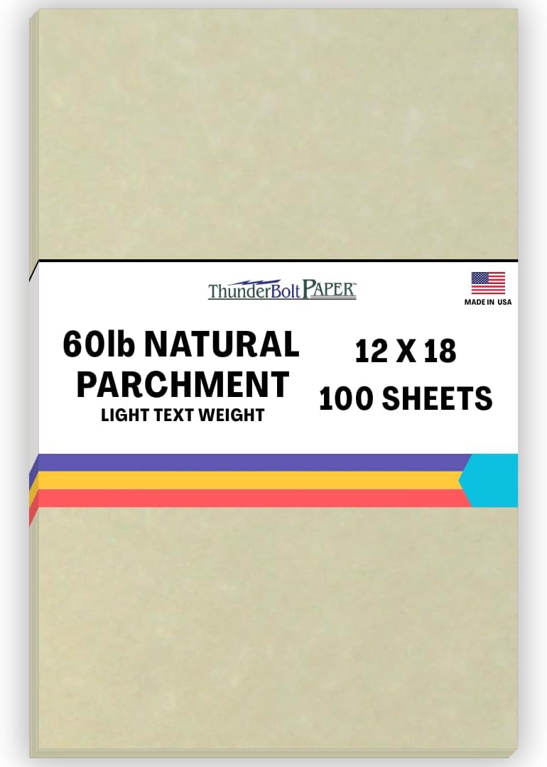 100 Natural Parchment 60# Text (=24# Bond) Paper Sheets - 12 X 18 Inches Poster | Large Size - 60 Pound is Not Card Weight - Vintage Colored Old Parchment Semblance