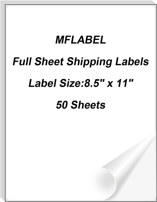 MFLABEL Full Sheet Sticker Labels, Address Labels, White Matte Label Paper, 8-1/2" x 11" Shipping Labels for Laser & Inkjet Printer (50 Labels, 50 Sheets)