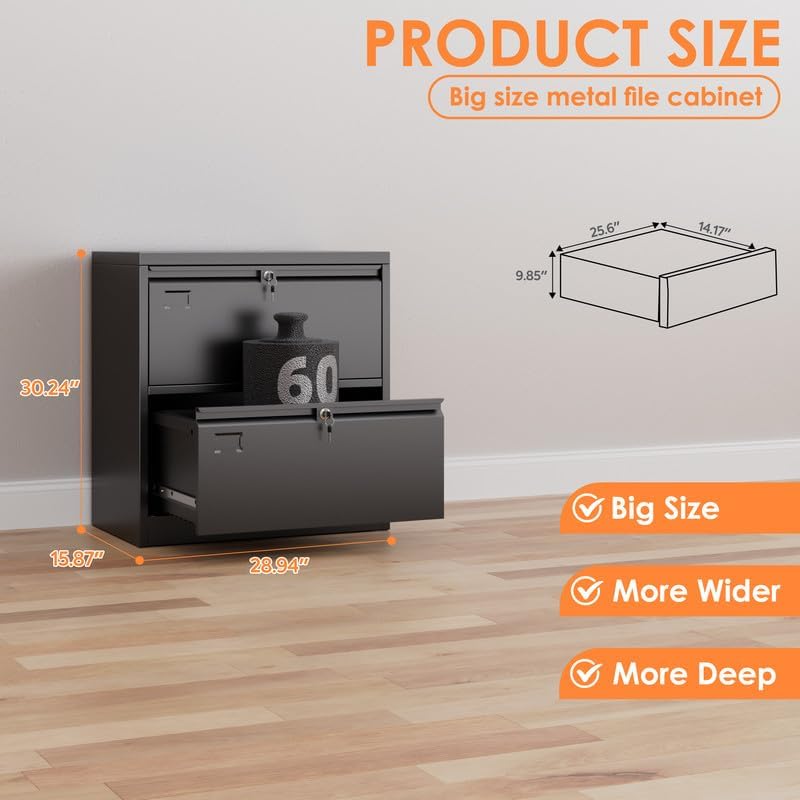 Aobabo Lateral File Cabinet 2 Drawer,Lockable Metal Filing Cabinet, Suitable for Home Office School Hanging Files Letter/Legal Size,Required-Assembly,Black