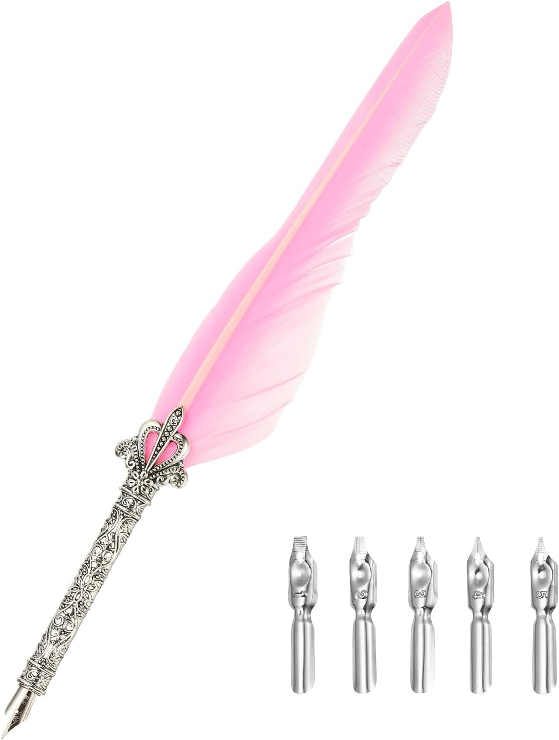 PATIKIL 26.5cm/10.4" Calligraphy Feather Quill Pen, Vintage Feather Dip Pen with 5 Replacement Nibs for Calligraphy Writing Wedding Office Gifts, Pink