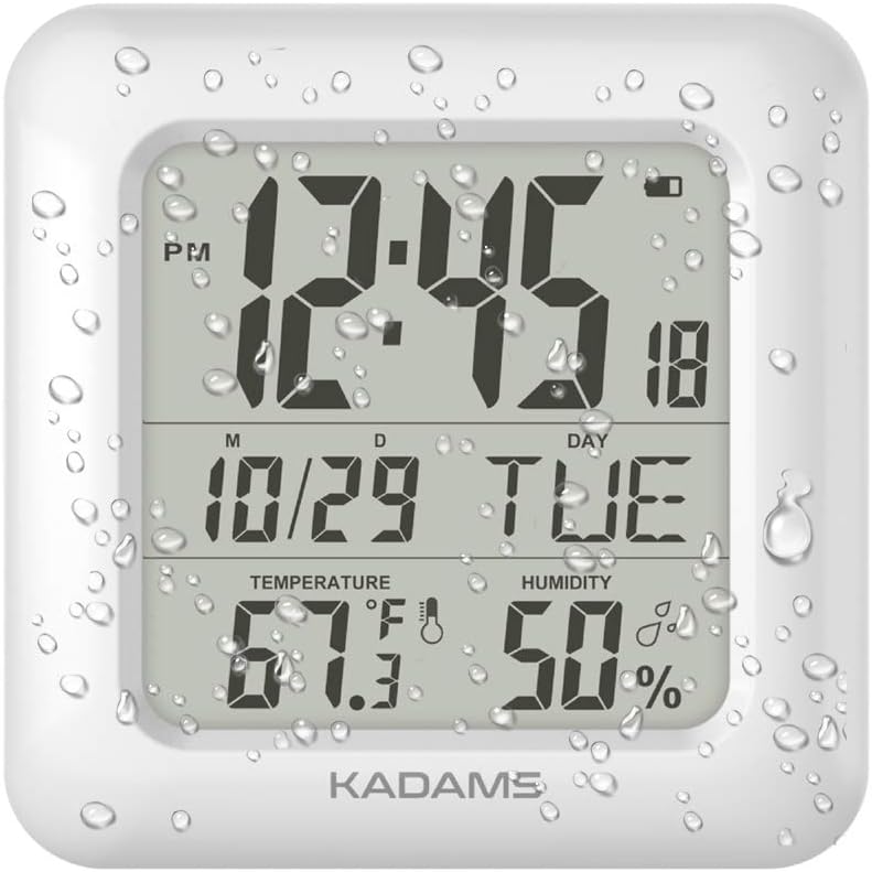KADAMS Bathroom Clock 9.5" Kitchen Wall Clock with Large LCD Screen – Shower Clock with Suction Cup,Temperature, Humidity, Calendar – Water-Resistant, 4 Mounting Options, White