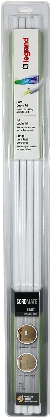 Legrand - Wiremold Kit Cordmate, Organizer and Hider, Cover, Concealer, and Protector for Wall, Single Cord, CMK10, Paintable
