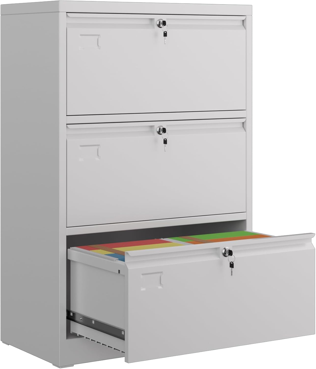 Aobabo 3 Drawer Wide Lateral File Cabinet, Metal Filing Cabinet with Lock, Suitable for Home Office School Hanging Files Letter/Legal/F4/A4 Size,White,Required-Assembly,15.87" D x 28.94" W x 43.62" H