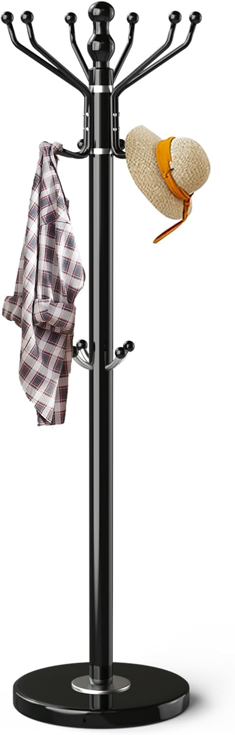 Metal Modern Coat Rack Stand, Sturdy Freestanding Coat Rack with Natural Marble Base, Coat Racks and Coat Hall Tree Hanger Stand for Entryway, Hallway, Office (16 Hooks-Black)