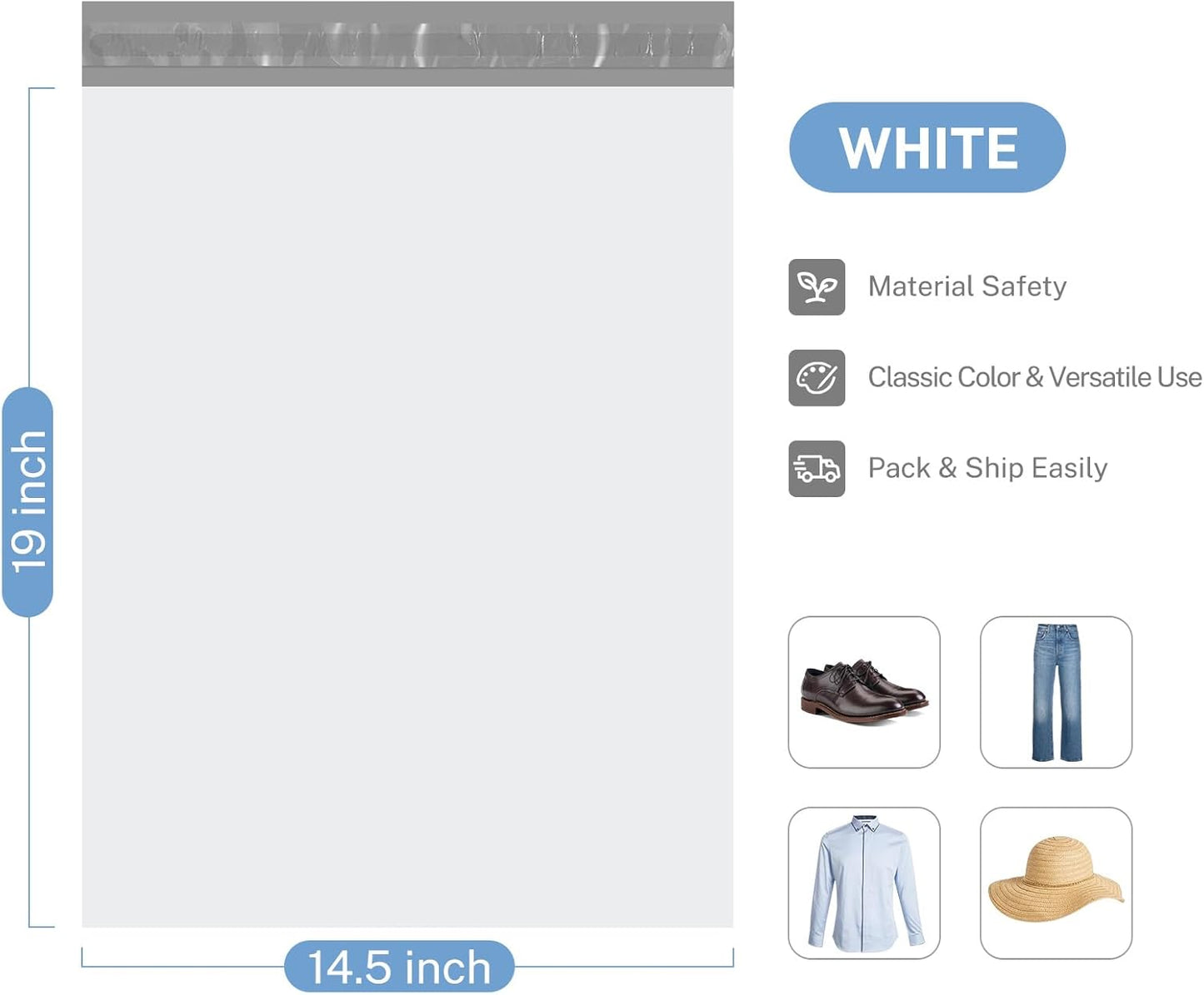 Metronic Poly Mailers 14.5x19 100 Pcs Large Shipping Bags for Clothing Mailing Bags with Strong Self-sealing Adhesive Waterproof and Tear-Proof Postal Bags in White