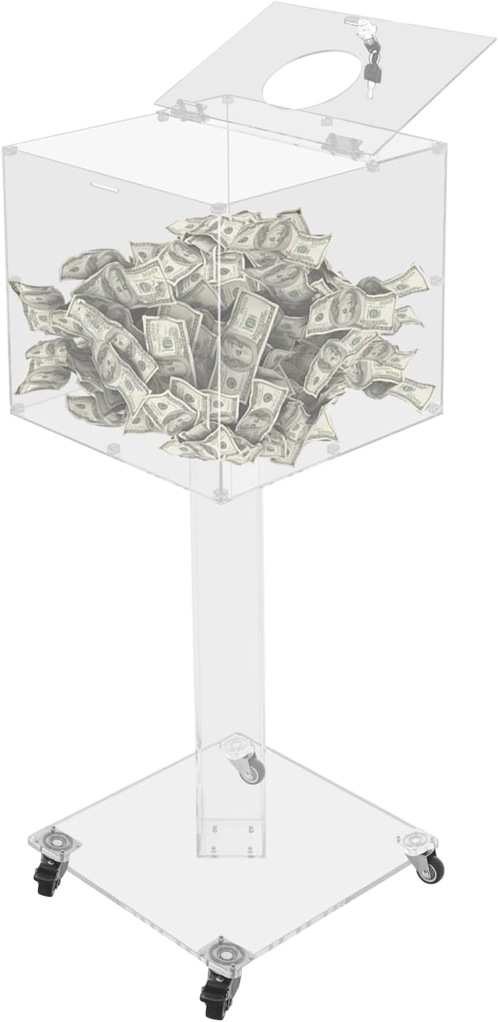 Suggestion Box with Stand, Floor Standing Offering Box with Wheels, Acrylic Locking Ballot Collection Safe Box for Voting Contest Charity Donation Church Election (Transparent (Round Opening))