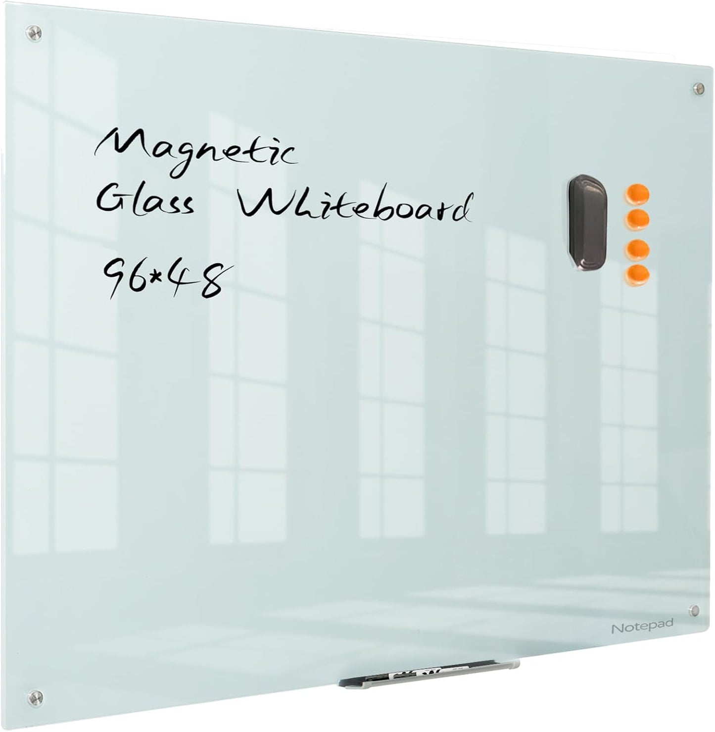 Magnetic Glass Dry Erase Board - White Board 48 x 96 Inch Wall Mounted Glass Whiteboard, Large Frameless White Board for Wall Office, Home & School,