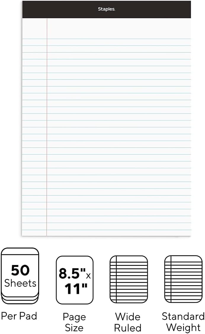 Staples TRU RED Notepads, 8.5 x 11.75 Inch, Wide Ruled Legal Pads, Writing Pad for Home, Office, School, 12-Pack, White